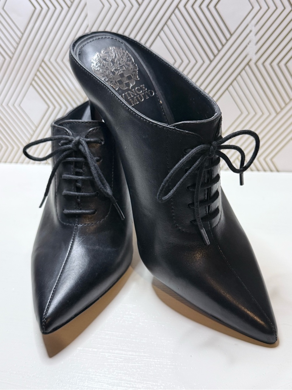 Vince Camuto Black Leather Pointed Toe Lace-Up Mule Heels Size 7.5 - Picture 1 of 7